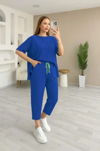 Women's Short Sleeve Crew Neck Viscose Two-Thread Blouse and Pants Two-Piece Set - 1