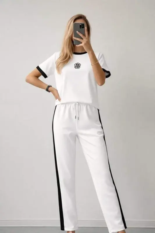 Women's Short Sleeve Crew Neck Viscose Two-Thread Blouse And Pants Two-Piece Set - 2
