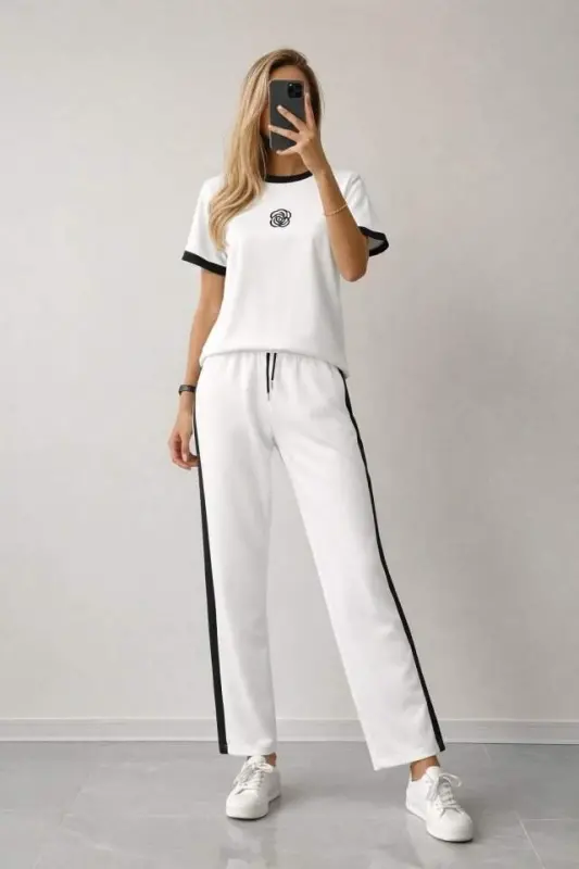 Women's Short Sleeve Crew Neck Viscose Two-Thread Blouse And Pants Two-Piece Set - 3