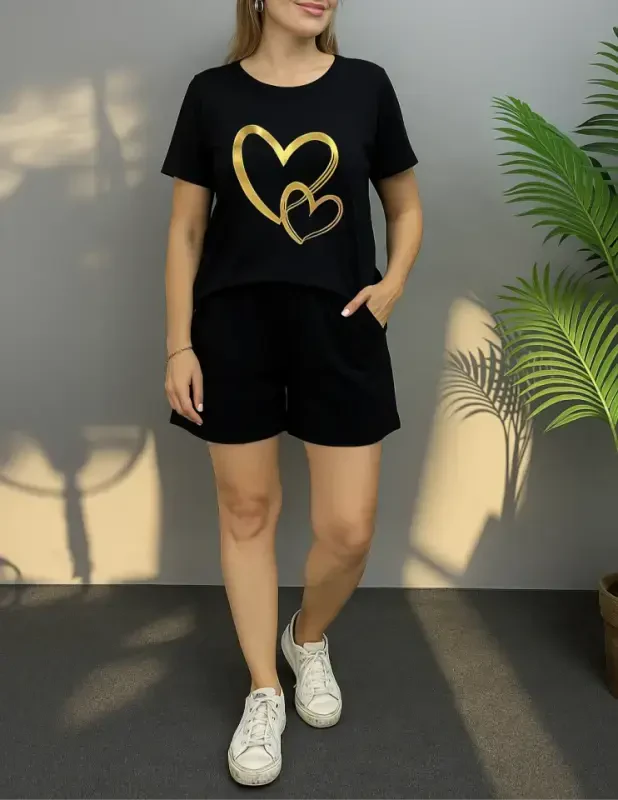 Women's Short Sleeve Crew Neck Viscose Two Thread Blouse and Shorts Set - BÜYÜKBEDENIZ