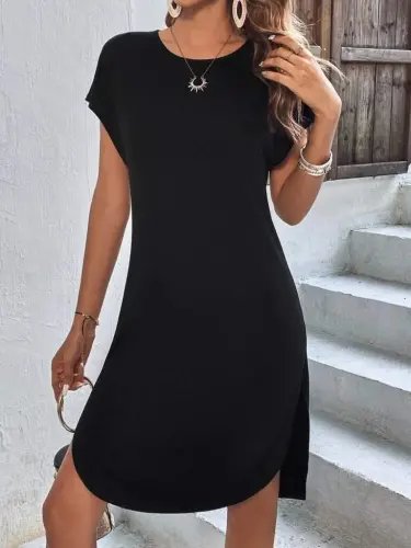 Women's Short Sleeve Crew Neck Viscose Two Thread Dress - 1