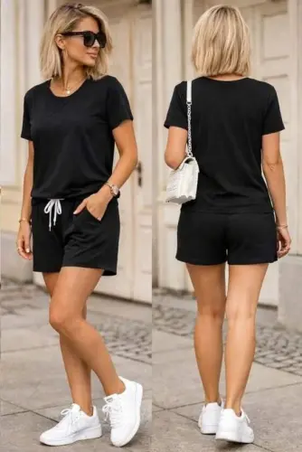Women's Short Sleeve Crew Neck Viscose Two-Thread Fabric Blouse and Shorts Two-Piece Set - 4