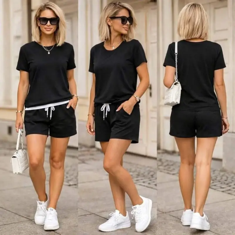 Women's Short Sleeve Crew Neck Viscose Two-Thread Fabric Blouse and Shorts Two-Piece Set - 5