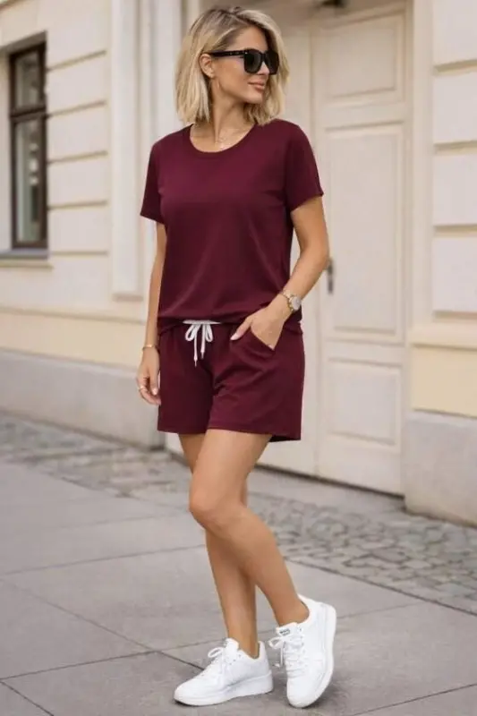 Women's Short Sleeve Crew Neck Viscose Two-Thread Fabric Blouse and Shorts Two-Piece Set - 2