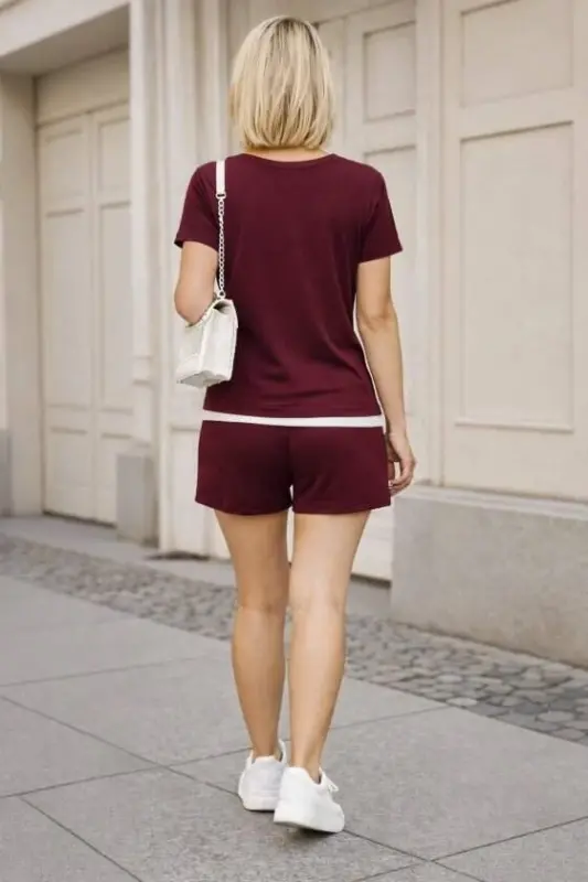 Women's Short Sleeve Crew Neck Viscose Two-Thread Fabric Blouse and Shorts Two-Piece Set - 3