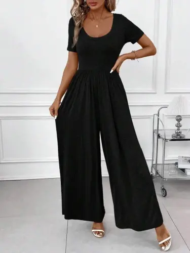 Women's Short Sleeve Crew Neck Wide Leg Crinkle Jumpsuit - 1