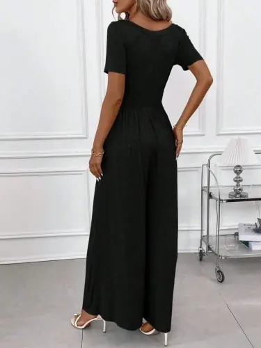 Women's Short Sleeve Crew Neck Wide Leg Crinkle Jumpsuit - BÜYÜKBEDENIZ (1)