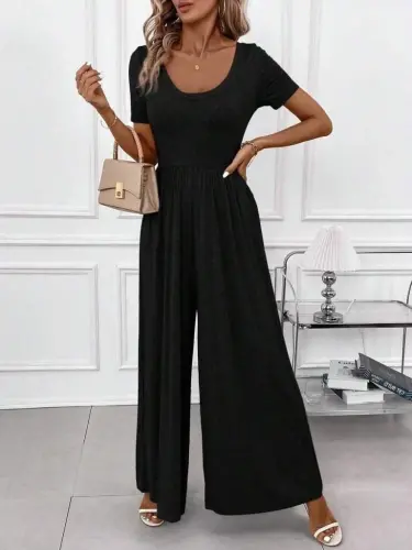 Women's Short Sleeve Crew Neck Wide Leg Crinkle Jumpsuit - 3
