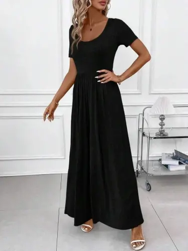 Women's Short Sleeve Crew Neck Wide Leg Crinkle Jumpsuit - 4