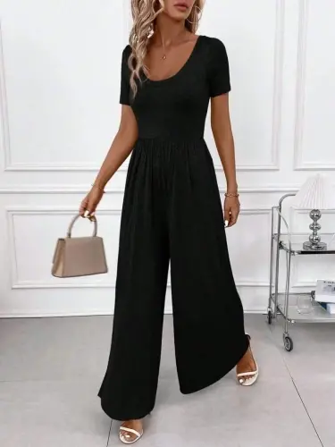 Women's Short Sleeve Crew Neck Wide Leg Crinkle Jumpsuit - 5