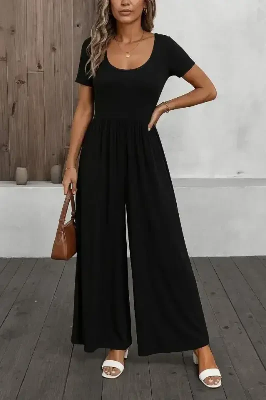 Women's Short Sleeve Crew Neck Wide Leg Crinkle Jumpsuit - 1