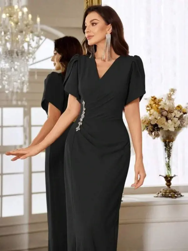 Women's Short Sleeve Crossover Collar Dress with Floral Waist Detail and Slit - Imported Crepe Dress - 2