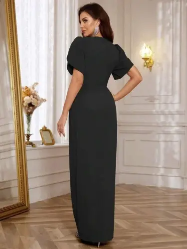 Women's Short Sleeve Crossover Collar Dress with Floral Waist Detail and Slit - Imported Crepe Dress - 3