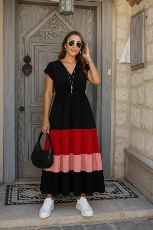 Women's Short Sleeve Crossover Collar Multicolor Aerobin Dress - 1