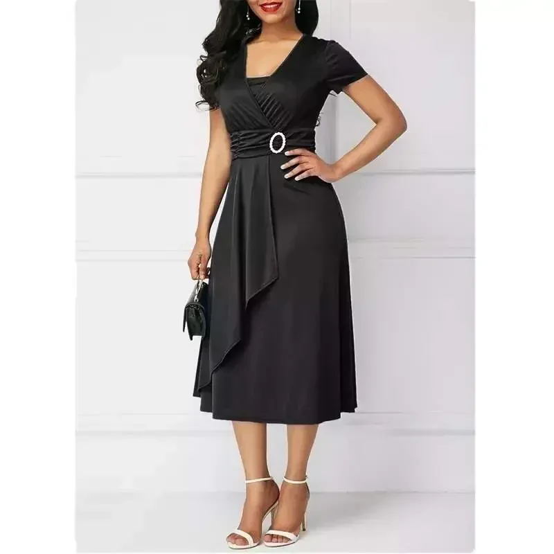 Women's Short Sleeve Crossover Neck Belt and Buckle Detail Crepe Dress - 1