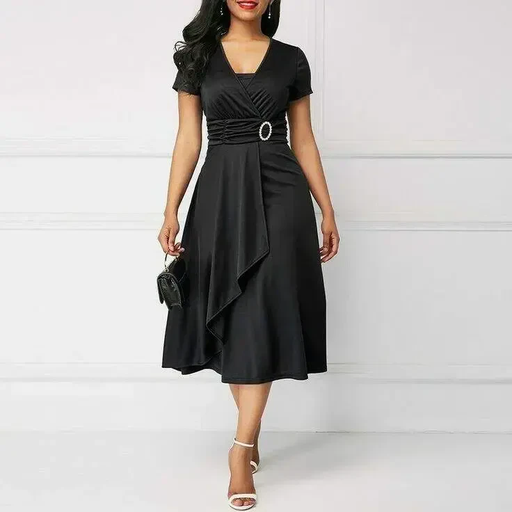 Women's Short Sleeve Crossover Neck Belt and Buckle Detail Crepe Dress - 2