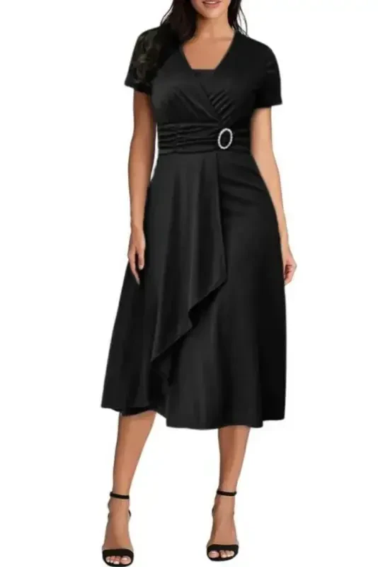 Women's Short Sleeve Crossover Neck Belt and Buckle Detail Crepe Dress - 3