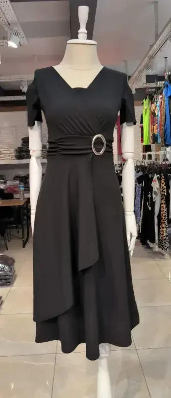 Women's Short Sleeve Crossover Neck Belt and Buckle Detail Crepe Dress - 4