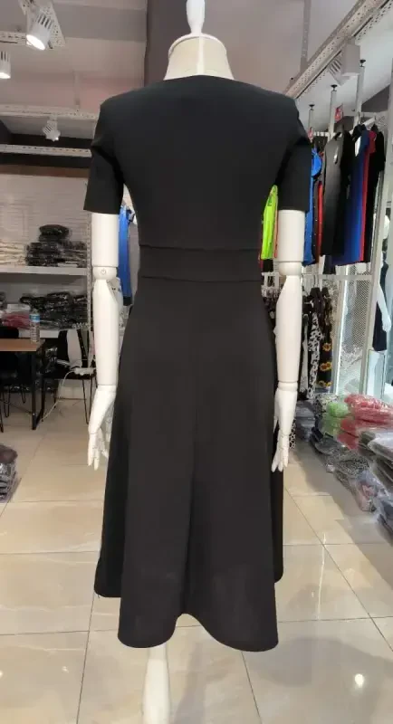 Women's Short Sleeve Crossover Neck Belt and Buckle Detail Crepe Dress - 5