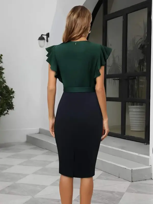 Women's Short Sleeve Crossover Neck Belted Block Patterned Imported Crepe Dress - 3