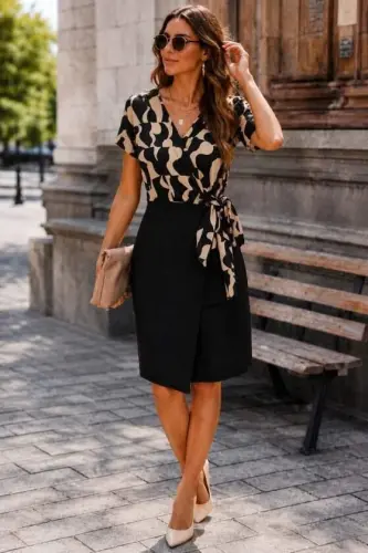 Women's Short Sleeve Crossover Neck Belted Top Scuba Bottom Janjan Crepe Short Dress - 2