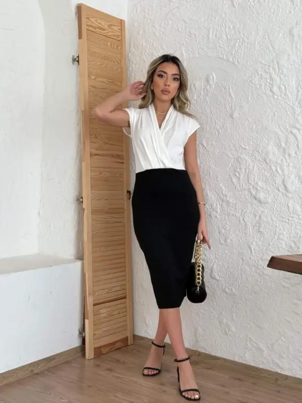 Women's Short Sleeve Crossover Neck Crepe Dress (Beltless) - 1