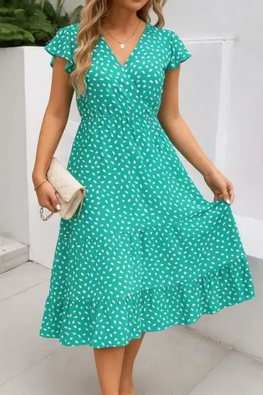 Women's Short Sleeve Crossover Neck Elastic Waist Floral Dress - 1