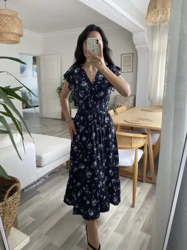 Women's Short Sleeve Crossover Neck Elastic Waist Floral Dress - 1