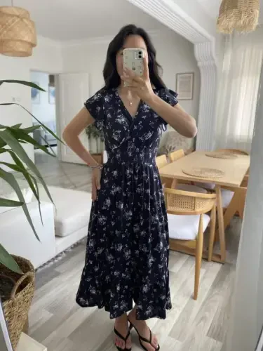 Women's Short Sleeve Crossover Neck Elastic Waist Floral Dress - BÜYÜKBEDENIZ (1)