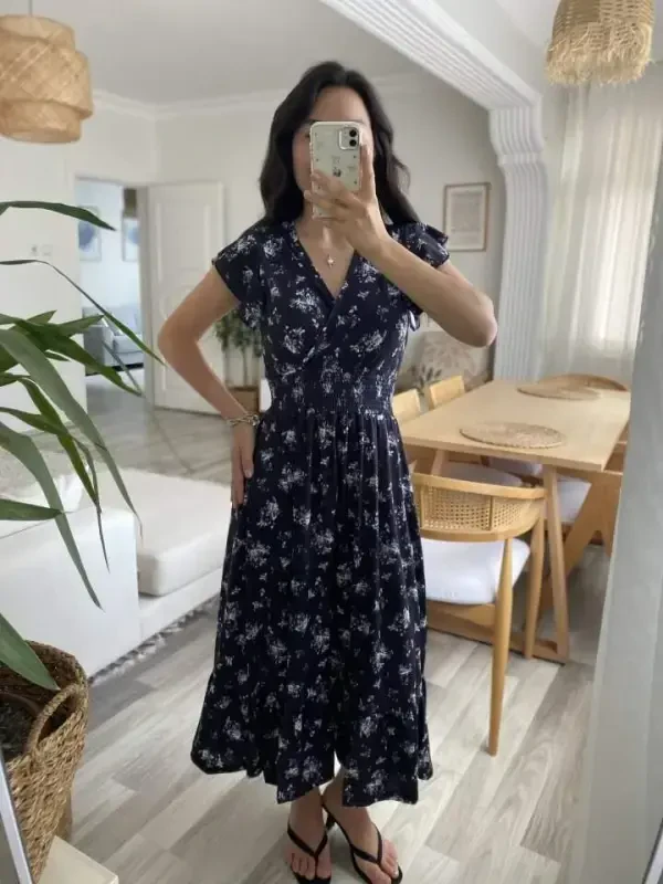 Women's Short Sleeve Crossover Neck Elastic Waist Floral Dress - 2