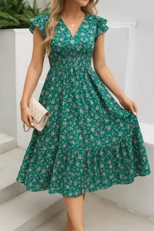Women's Short Sleeve Crossover Neck Elastic Waist Floral Dress - 1
