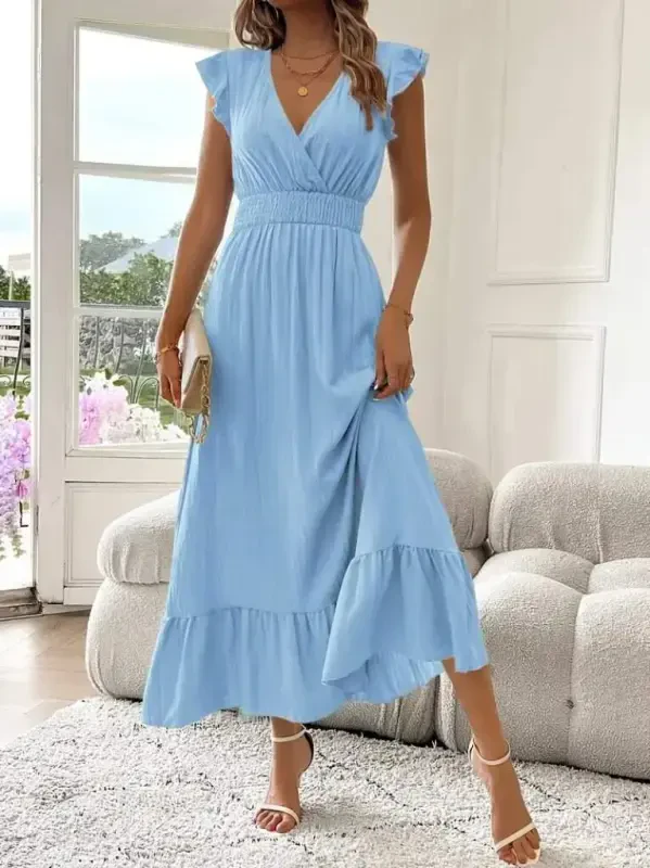 Women's Short Sleeve Crossover Neck Elastic Waist Muslim Dress - 1