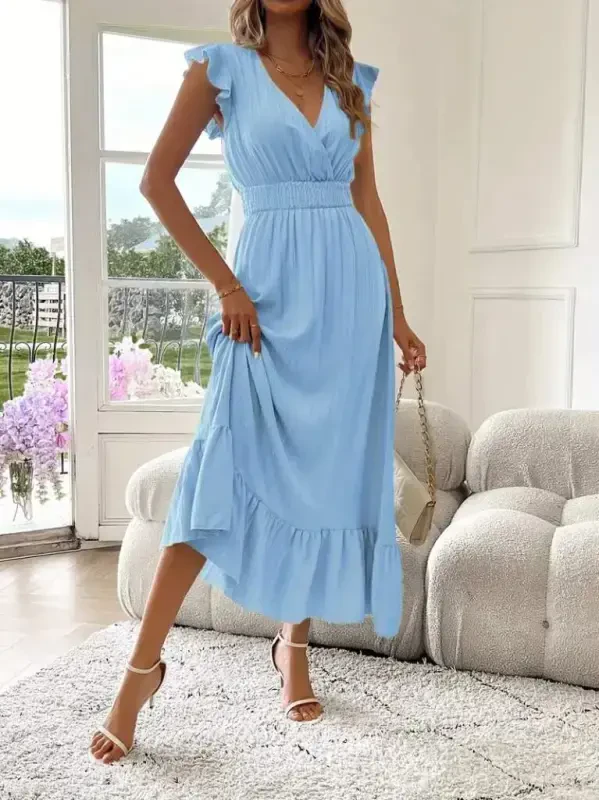 Women's Short Sleeve Crossover Neck Elastic Waist Muslim Dress - 3