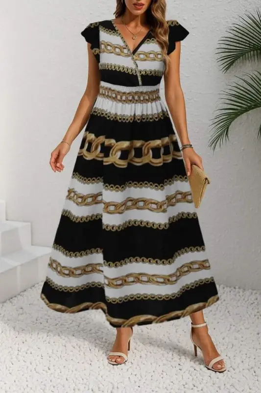 Women's Short Sleeve Crossover Neck Elastic Waist Patterned Maxi Knit Crepe Dress - 1