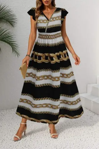 Women's Short Sleeve Crossover Neck Elastic Waist Patterned Maxi Knit Crepe Dress - 3