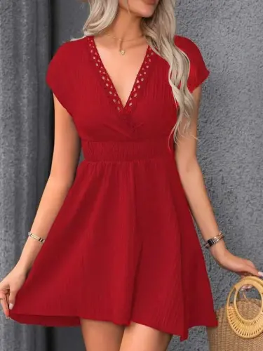 Women's Short Sleeve Crossover Neck Elastic Waist Smocked Dress - 1
