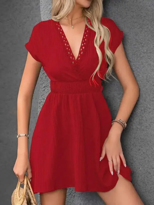 Women's Short Sleeve Crossover Neck Elastic Waist Smocked Dress - 2