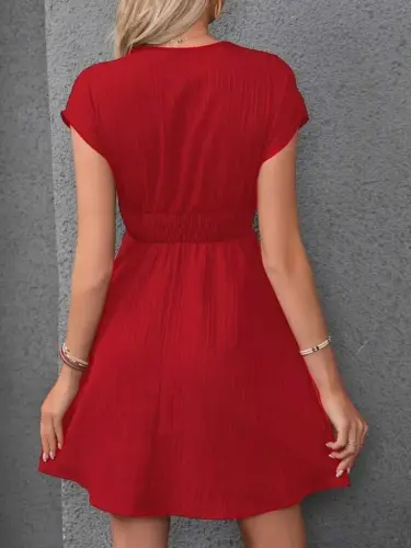 Women's Short Sleeve Crossover Neck Elastic Waist Smocked Dress - 3
