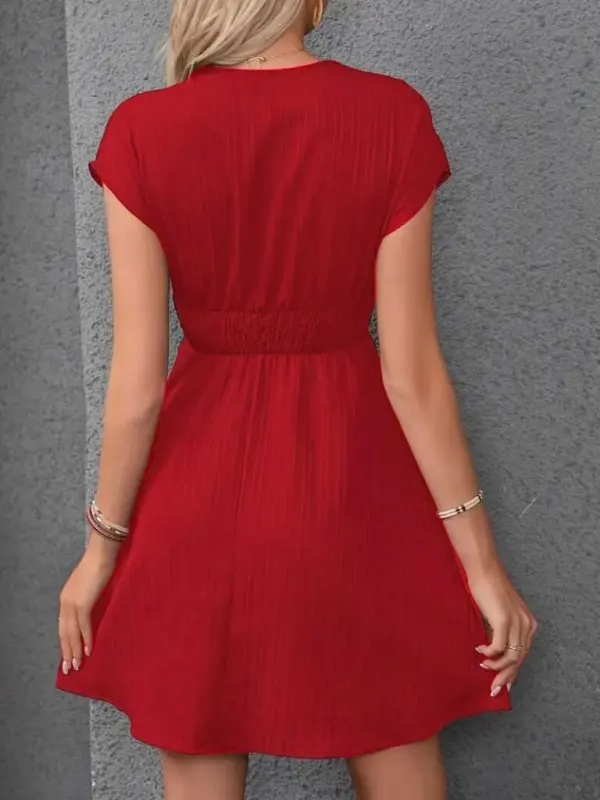 Women's Short Sleeve Crossover Neck Elastic Waist Smocked Dress - 3