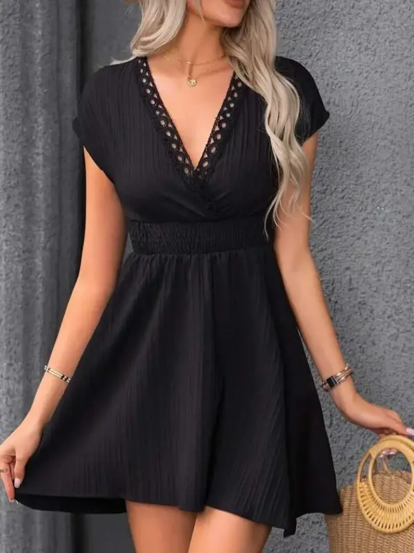 Women's Short Sleeve Crossover Neck Elastic Waist Smocked Dress - 3