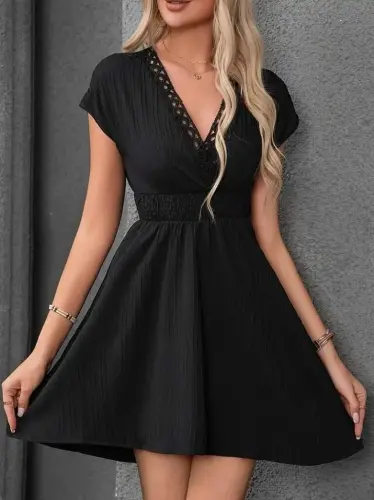 Women's Short Sleeve Crossover Neck Elastic Waist Smocked Dress - 4