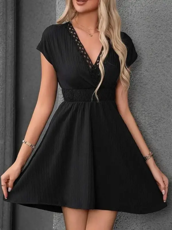 Women's Short Sleeve Crossover Neck Elastic Waist Smocked Dress - 4