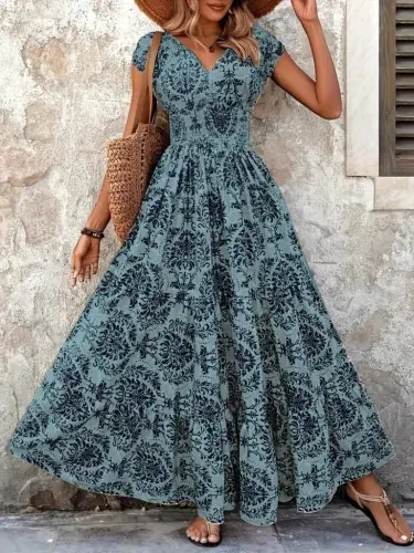 Women's Short Sleeve Crossover Neck Elastic Waist Supima Maxi Dress - BÜYÜKBEDENIZ (1)