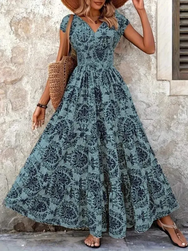 Women's Short Sleeve Crossover Neck Elastic Waist Supima Maxi Dress - 2