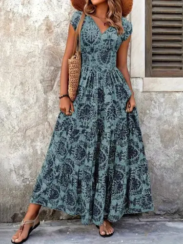 Women's Short Sleeve Crossover Neck Elastic Waist Supima Maxi Dress - 3