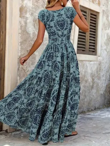 Women's Short Sleeve Crossover Neck Elastic Waist Supima Maxi Dress - 5