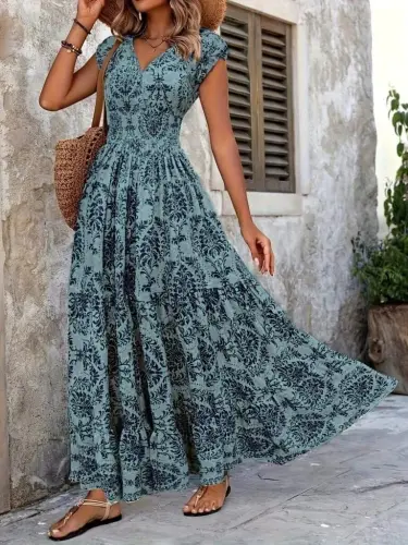 Women's Short Sleeve Crossover Neck Elastic Waist Supima Maxi Dress - 4