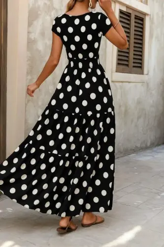 Women's Short Sleeve Crossover Neck Elastic Waist Supreme Maxi Dress - BÜYÜKBEDENIZ (1)