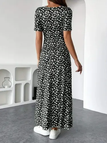 Women's Short Sleeve Crossover Neck Floral Patterned Supima Dress - 4