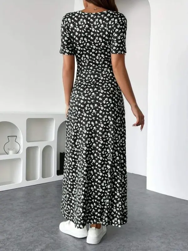 Women's Short Sleeve Crossover Neck Floral Patterned Supima Dress - 4